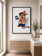 Bathroom with a cartoon poster of a character on the wall