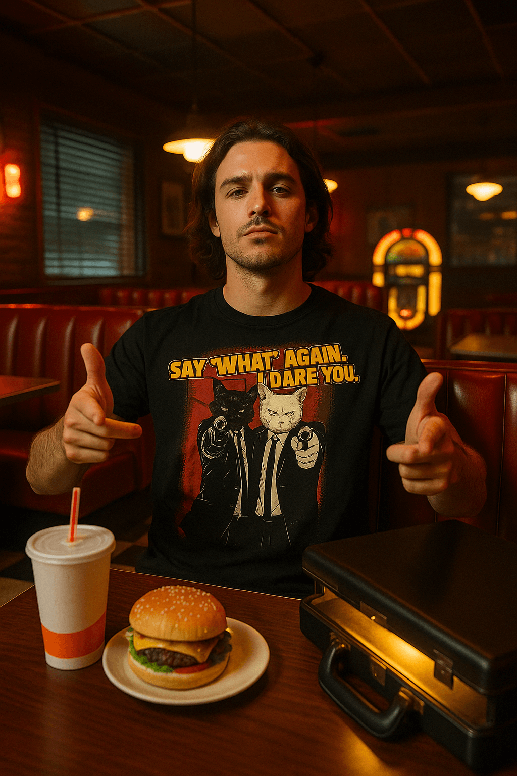Man in a diner giving thumbs up with a burger and drink on the table
