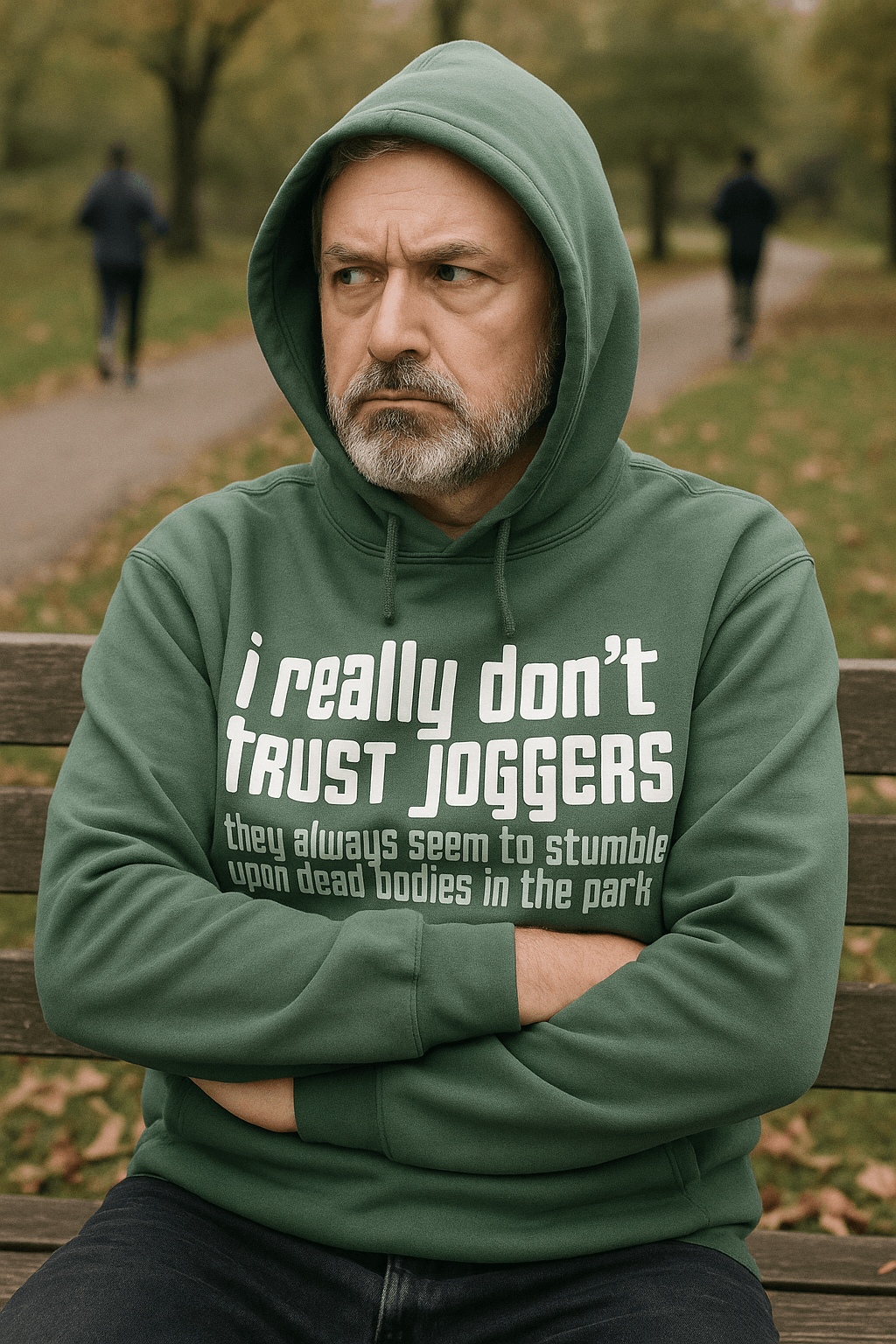 Man wearing a green hoodie with text sitting on a bench in a park.