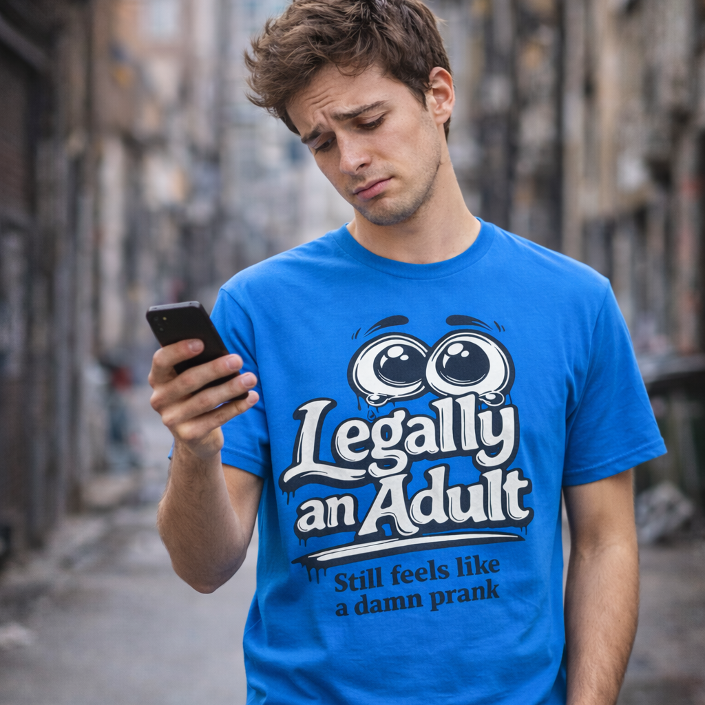 Man wearing a blue t-shirt with 'Legally an Adult' text, standing on a street.
